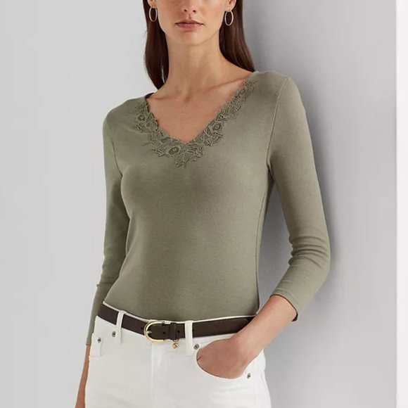 LAUREN RALPH LAUREN Petite Lace-Trimmed V-Neck Top - Picture 1 of 4